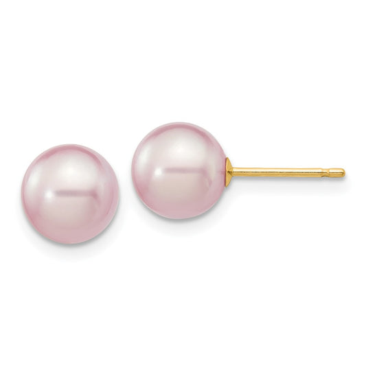 14K Yellow Gold 7-8mm Purple Round FWC Pearl Stud Post Earrings