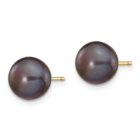 14K Yellow Gold 8-9mm Black Button FWC Pearl Stud Post Earrings