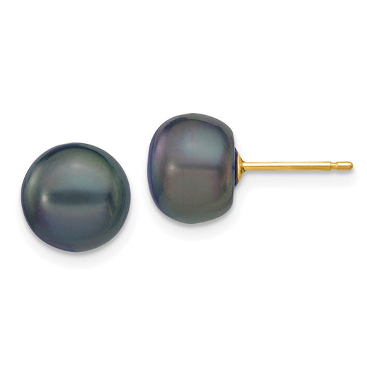 14K Yellow Gold 8-9mm Black Button FWC Pearl Stud Post Earrings
