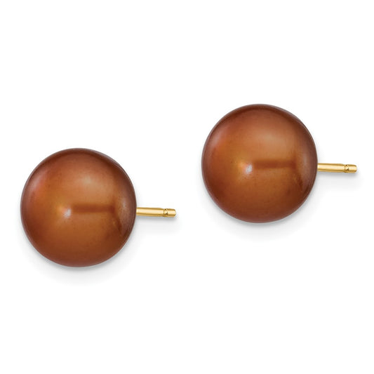 14K Yellow Gold 8-9mm Coffee Button FWC Pearl Stud Post Earrings