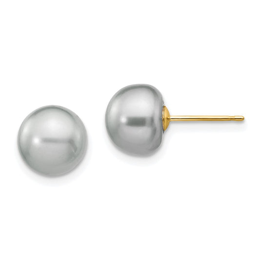 14K Yellow Gold 8-9mm Grey Button FWC Pearl Stud Post Earrings