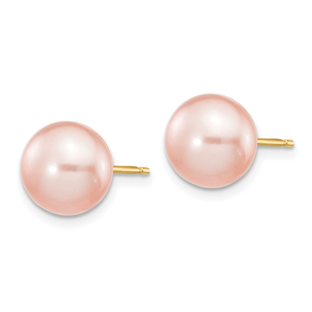 14K Yellow Gold 8-9mm Pink Button FWC Pearl Stud Post Earrings