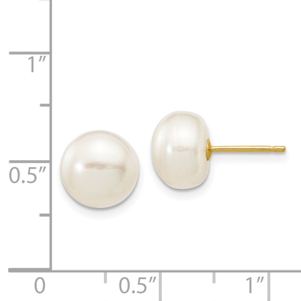 14K Yellow Gold 8-9mm White Button FWC Pearl Stud Post Earrings