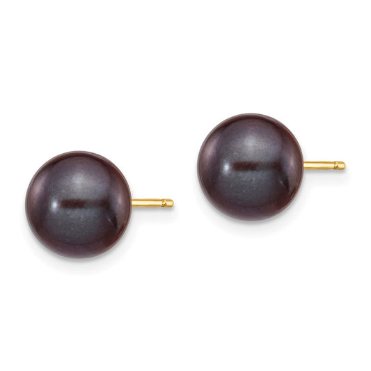 14K Yellow Gold 8-9mm Black Round FWC Pearl Stud Post Earrings