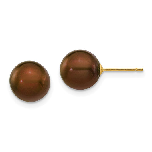 14K Yellow Gold 8-9mm Coffee Round FWC Pearl Stud Post Earrings