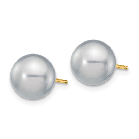 14K Yellow Gold 8-9mm Grey Round FWC Pearl Stud Post Earrings