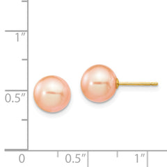 14K Yellow Gold 8-9mm Pink Round FWC Pearl Stud Post Earrings