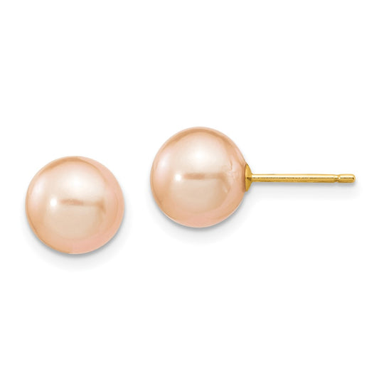 14K Yellow Gold 8-9mm Pink Round FWC Pearl Stud Post Earrings