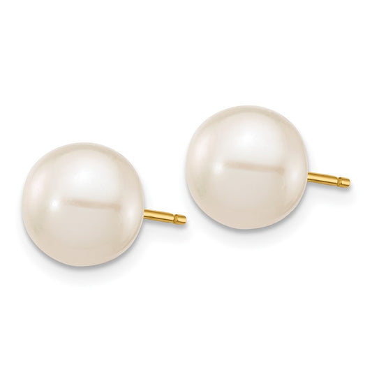 14K Yellow Gold 8-9mm White Round FWC Pearl Stud Post Earrings