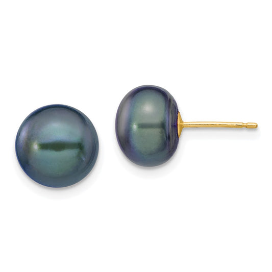 14K Yellow Gold 9-10mm Black Button FWC Pearl Stud Post Earrings