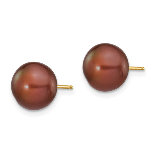 14K Yellow Gold 9-10mm Coffee Button FWC Pearl Stud Post Earrings