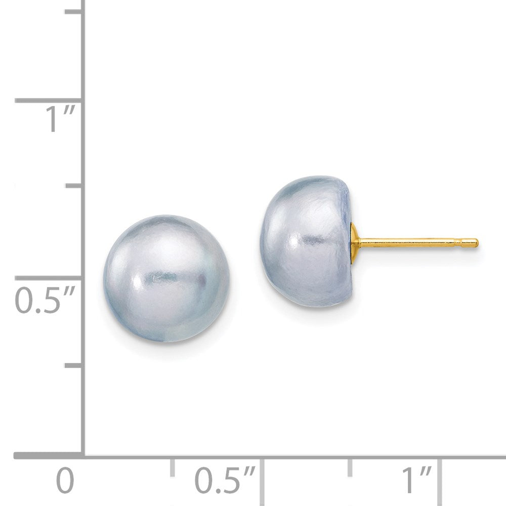 14K Yellow Gold 9-10mm Grey Button FWC Pearl Stud Post Earrings