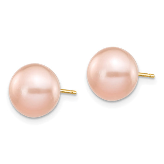 14K Yellow Gold 9-10mm Pink Button FWC Pearl Stud Post Earrings