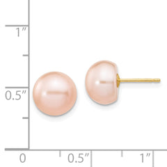 14K Yellow Gold 9-10mm Pink Button FWC Pearl Stud Post Earrings