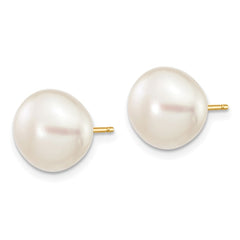 14K Yellow Gold 9-10mm White Button FWC Pearl Stud Post Earrings