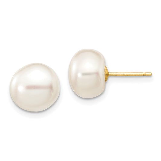 14K Yellow Gold 9-10mm White Button FWC Pearl Stud Post Earrings