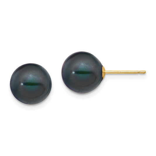 14K Yellow Gold 9-10mm Black Round FWC Pearl Stud Post Earrings