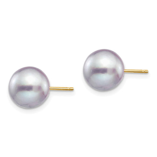 14K Yellow Gold 9-10mm Grey Round FWC Pearl Stud Post Earrings