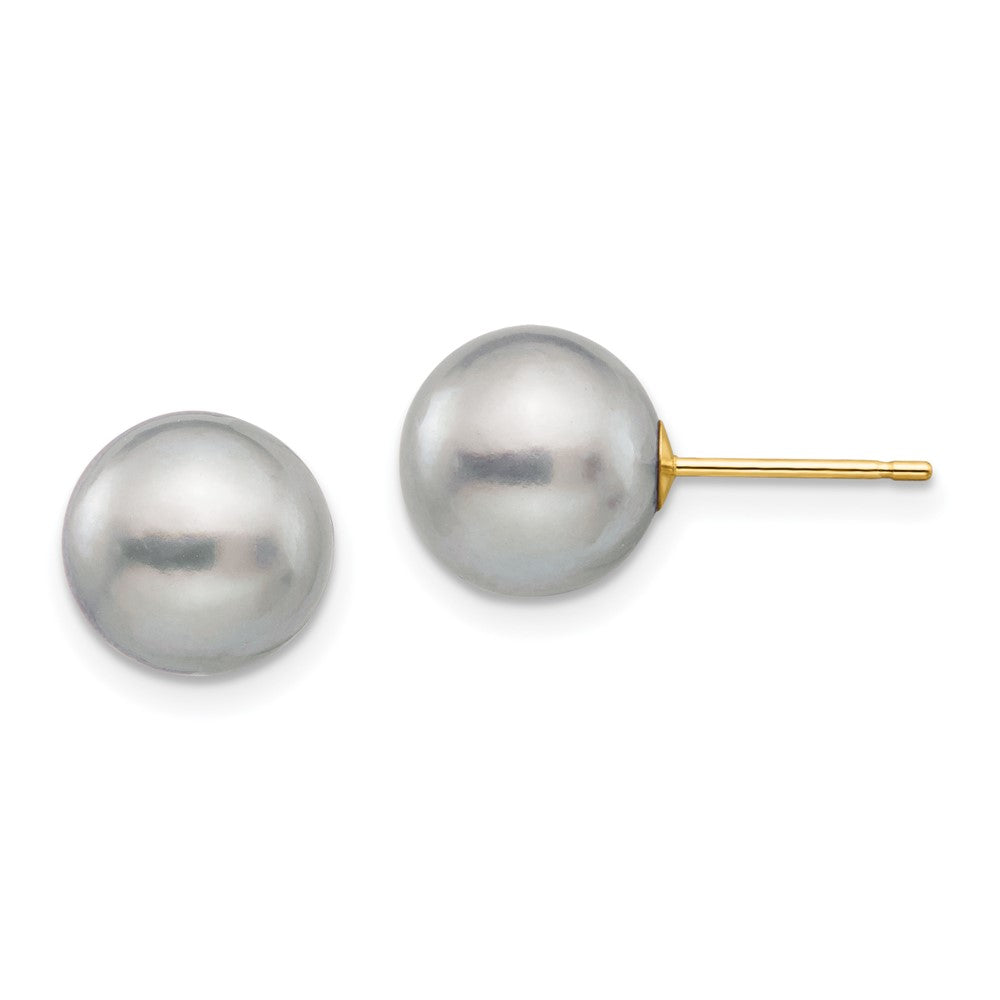 14K Yellow Gold 9-10mm Grey Round FWC Pearl Stud Post Earrings