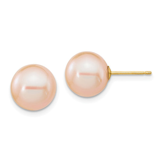 14K Yellow Gold 9-10mm Pink Round FWC Pearl Stud Post Earrings