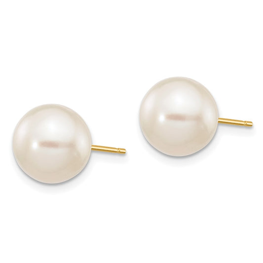 14K Yellow Gold 9-10mm White Round FWC Pearl Stud Post Earrings
