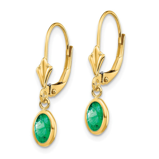 14K Yellow Gold 6x4 Oval Bezel May Emerald Leverback Earrings