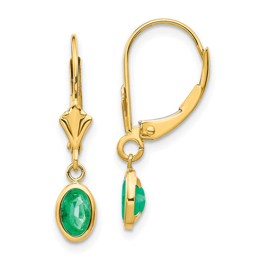 14K Yellow Gold 6x4 Oval Bezel May Emerald Leverback Earrings