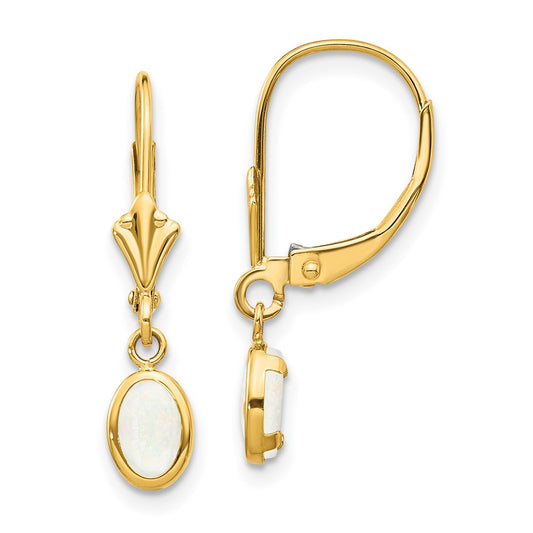 14K Yellow Gold 6x4 Oval Bezel October Opal Leverback Earrings