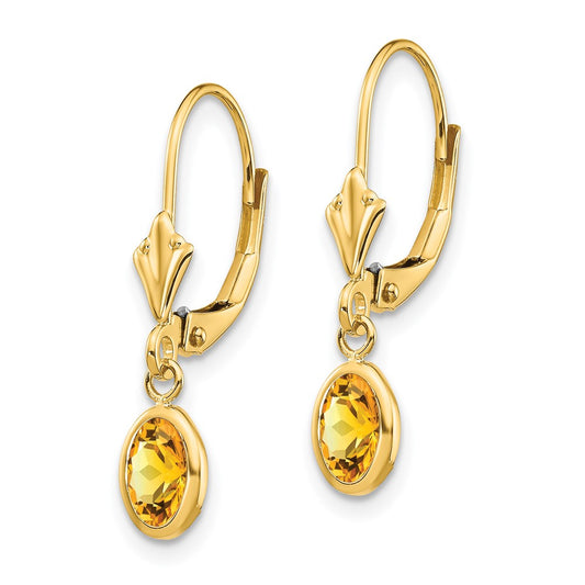 14K Yellow Gold 6x4 Oval Bezel November Citrine Leverback Earrings