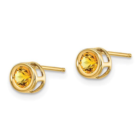 14K Yellow Gold 5mm Round Bezel November Citrine Stud Earrings