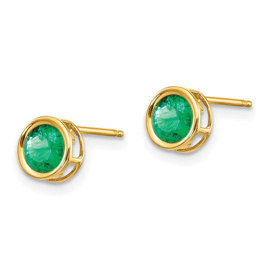 14K Yellow Gold 5mm Bezel Emerald Stud Earrings