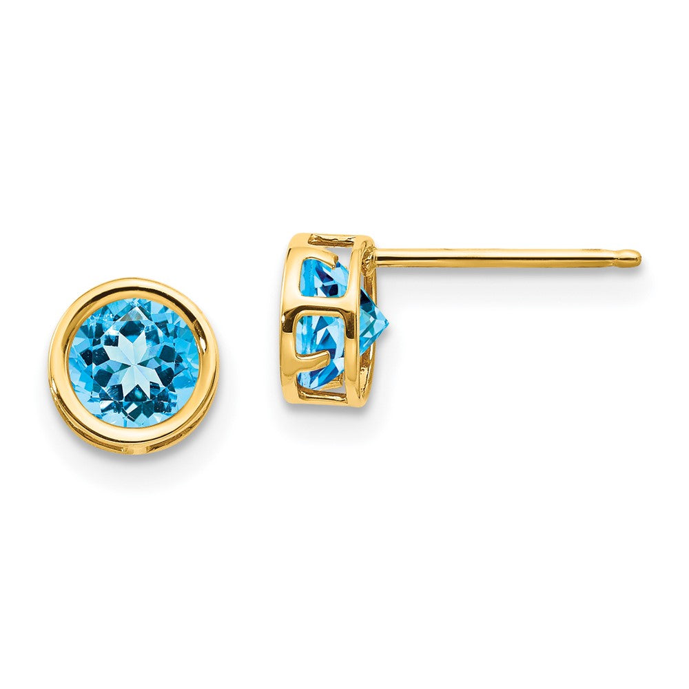 14K Yellow Gold 5mm Blue Topaz Bezel Set Stud Earrings