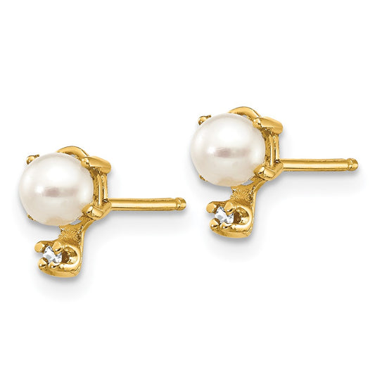 14K Yellow Gold Diamond & FWC Pearl Birthstone Earrings