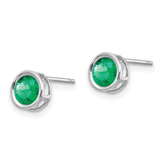 14K White Gold 5mm Bezel Emerald Stud Earrings