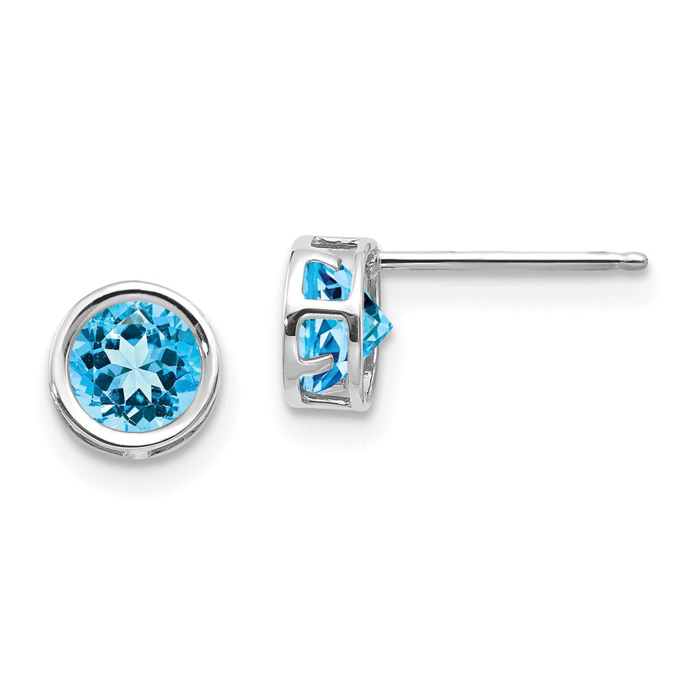 14K White Gold 5mm Bezel Blue Topaz Stud Earrings