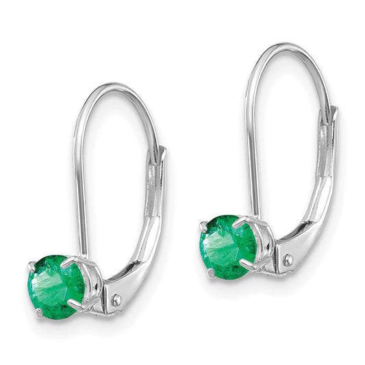 14K White Gold 4mm Round May Emerald Leverback Earrings