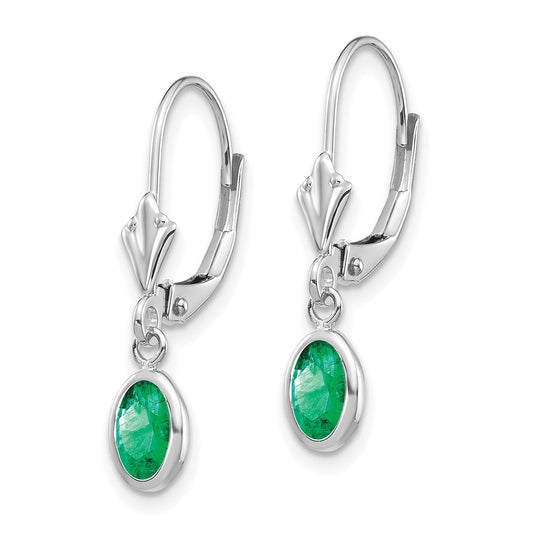 14K White Gold 6x4 Oval Bezel May Emerald Leverback Earrings