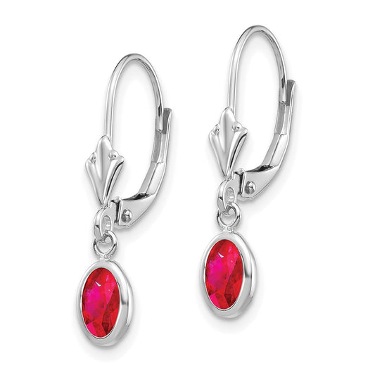 14K White Gold 6x4 Oval Bezel July Ruby Leverback Earrings