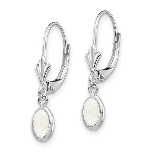 14K White Gold 6x4 Oval Bezel October Opal Leverback Earrings