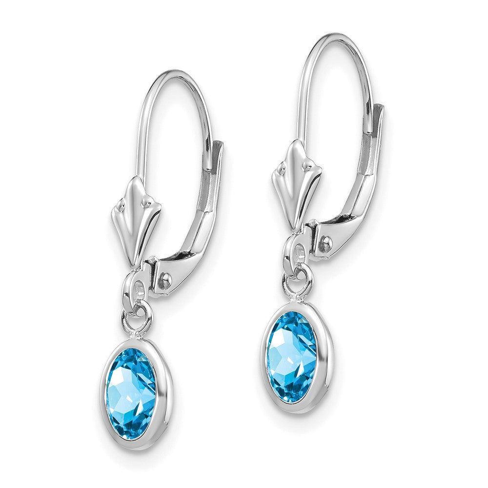 14K White Gold 6x4 Oval Bezel December Blue Topaz Leverback Earrings