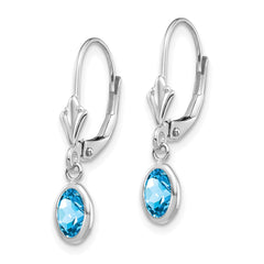 14K White Gold 6x4 Oval Bezel December Blue Topaz Leverback Earrings