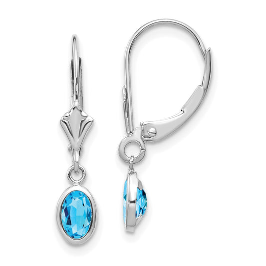 14K White Gold 6x4 Oval Bezel December Blue Topaz Leverback Earrings