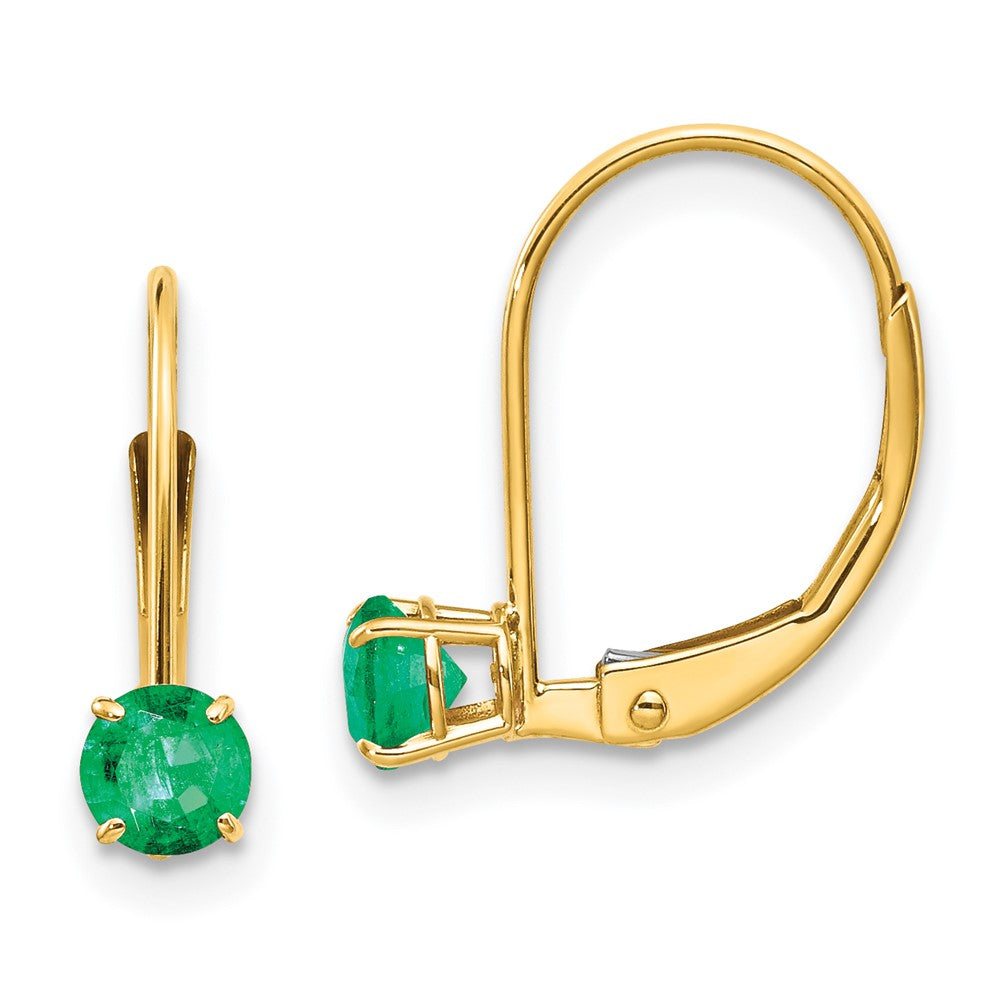 14K Yellow Gold 4mm Round May Emerald Leverback Earrings