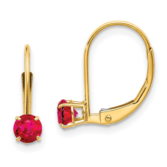14K Yellow Gold 4mm Round July Ruby Leverback Earrings