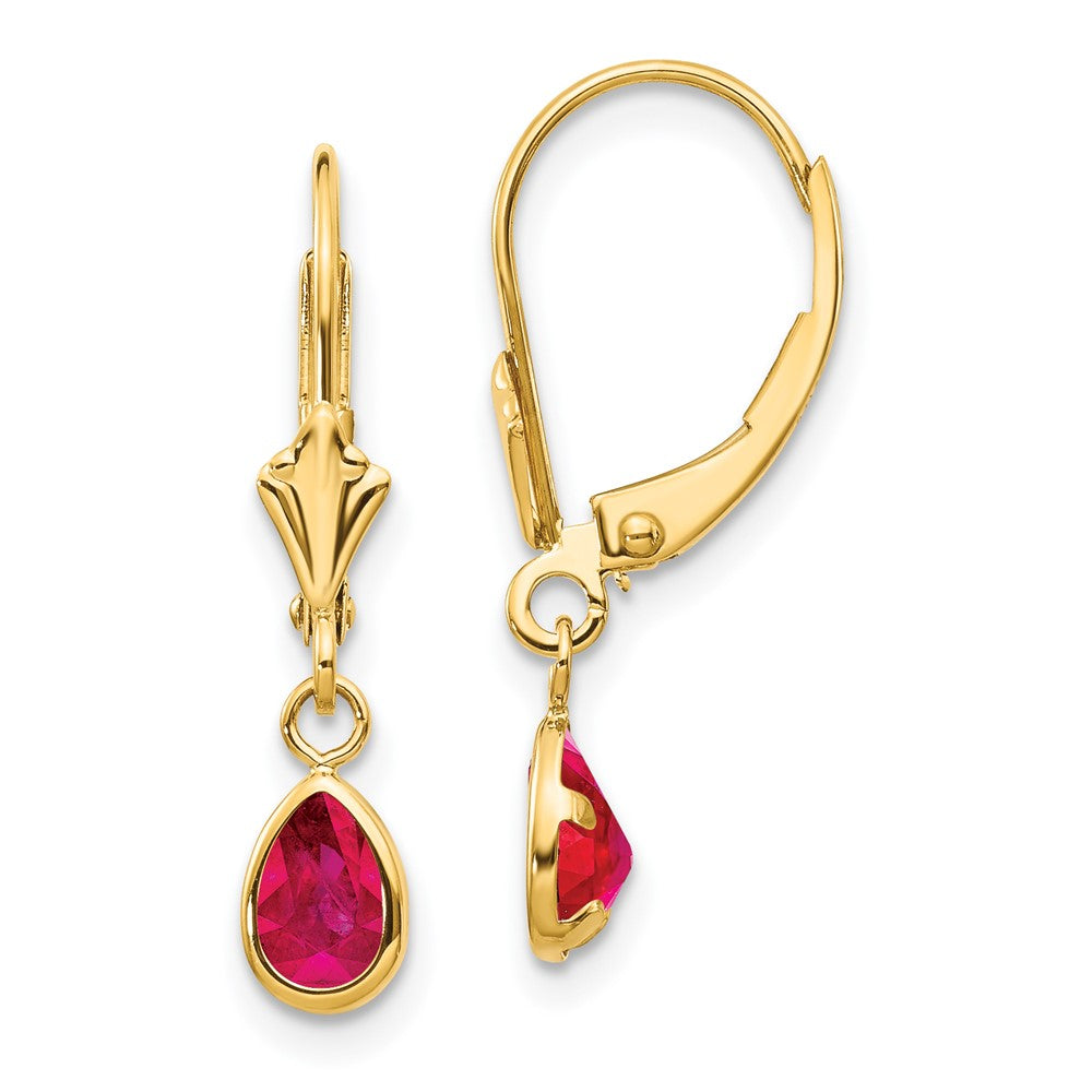 14K Yellow Gold 6x4mm Ruby July Leverback Earrings