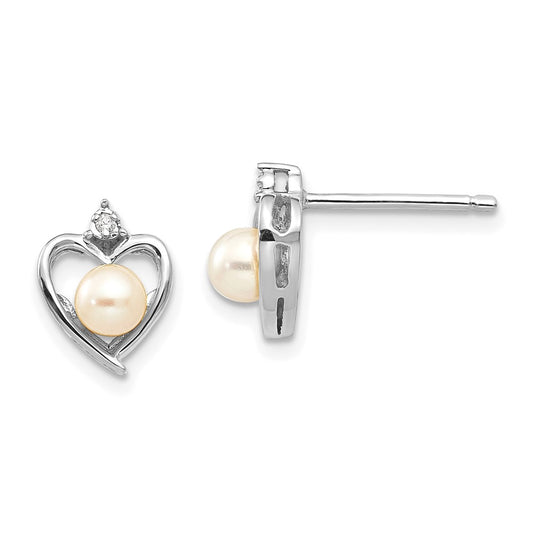 14K White Gold FWCultured Pearl and Diamond Heart Post Earrings