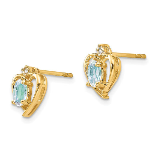14K Yellow Gold Aquamarine and Diamond Heart Earrings