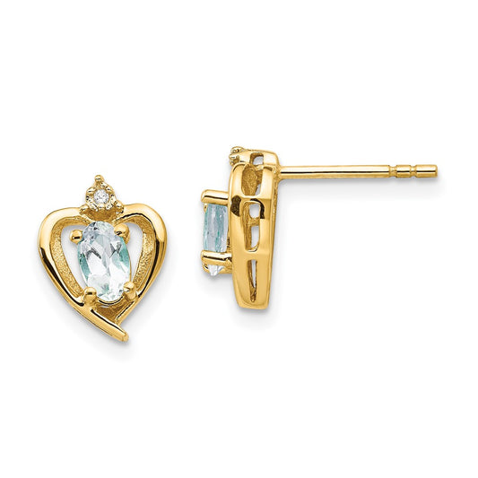 14K Yellow Gold Aquamarine and Diamond Heart Earrings