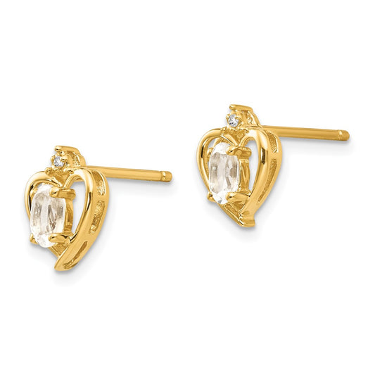 14K Yellow Gold White Topaz and Diamond Heart Earrings