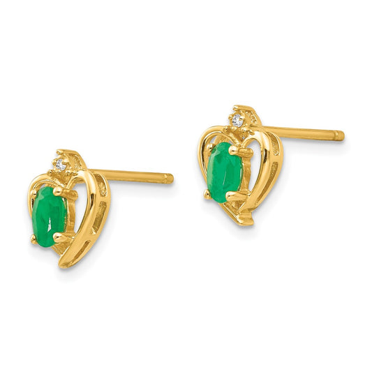 14K Yellow Gold Emerald and Diamond Heart Earrings